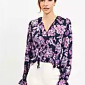 LOFT Floral Ruffle Tie-Neck Blouse